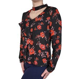 Lipslide Black Floral Neck Choker Long Sleeve Top